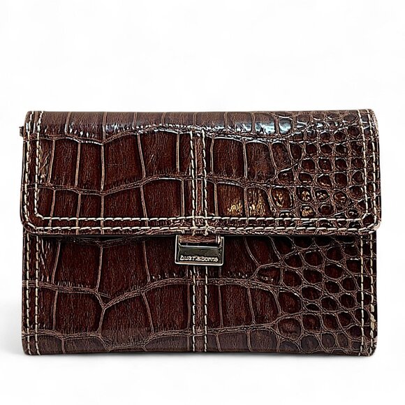 Liz Claiborne Trifold Faux Wallet Brown Alligator Texture Snap Closure Glossy - Picture 1 of 13